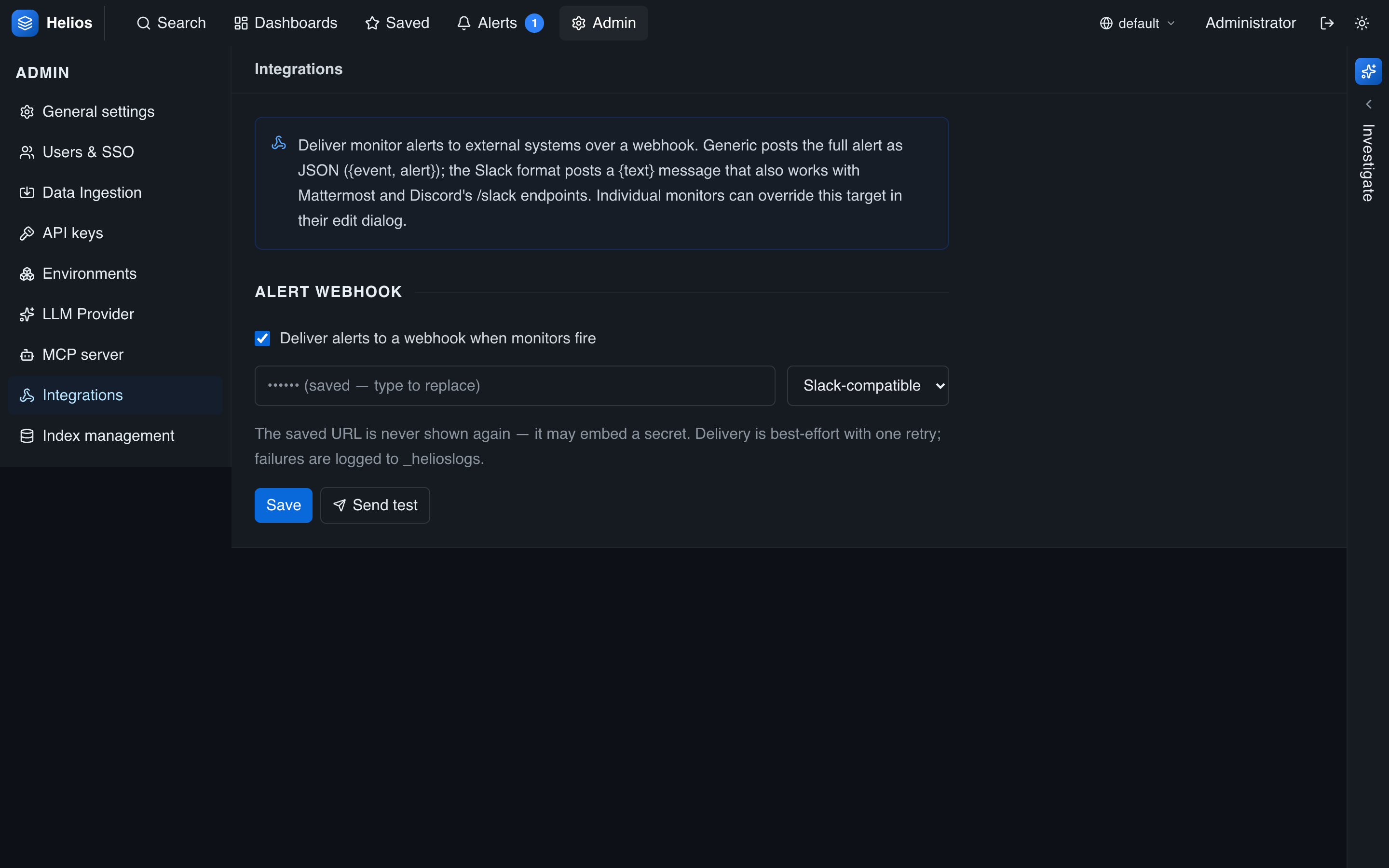 The Integrations panel: enable webhook delivery, the target URL, and generic vs. Slack format