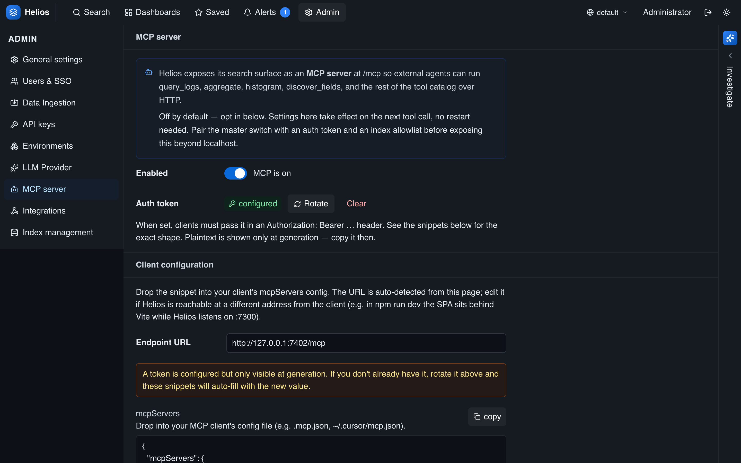 The MCP admin panel: master switch, auth token, client config snippets, and the index and tool allowlists