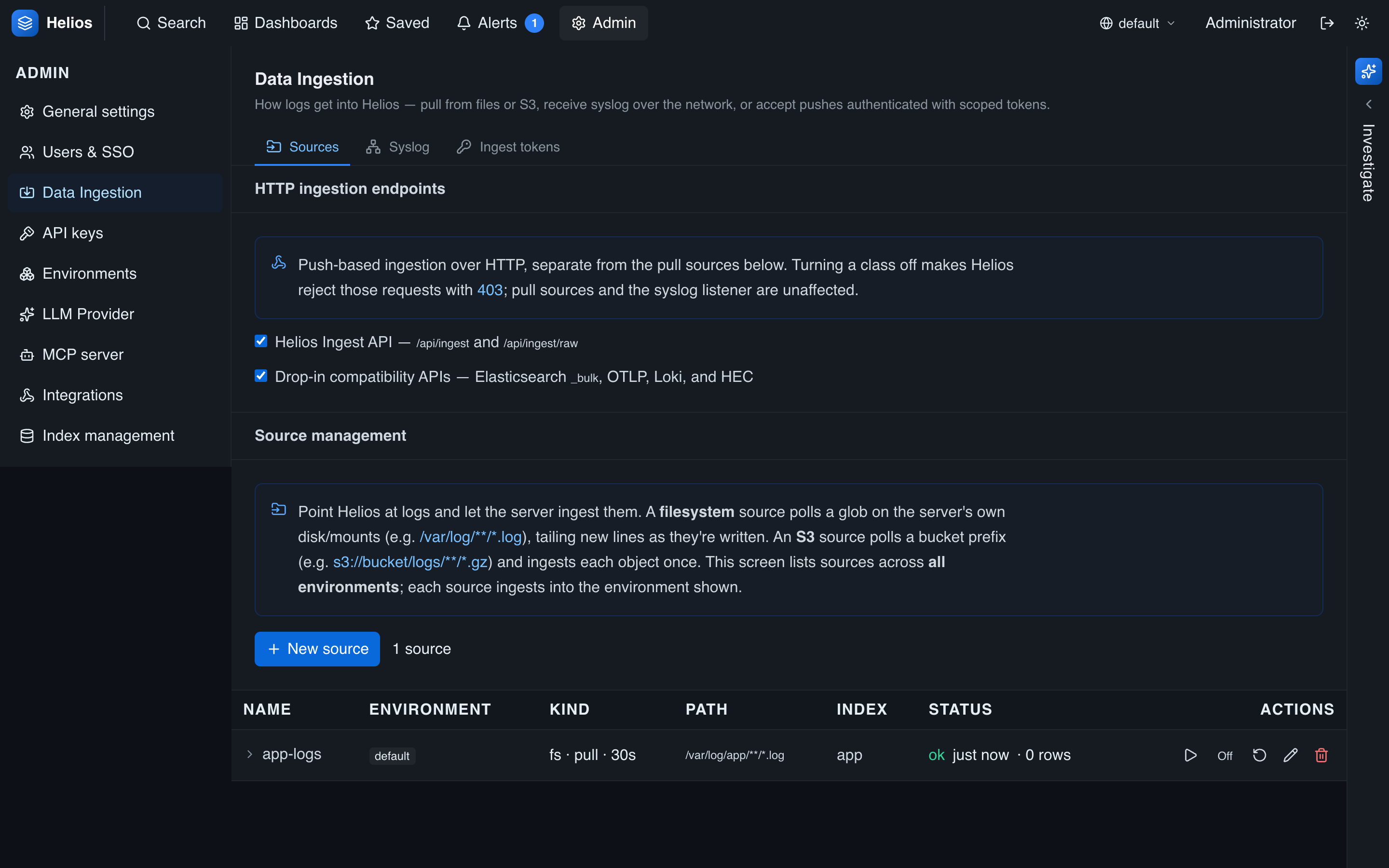 Admin → Data Ingestion → Sources: HTTP endpoint toggles on top, pull sources below