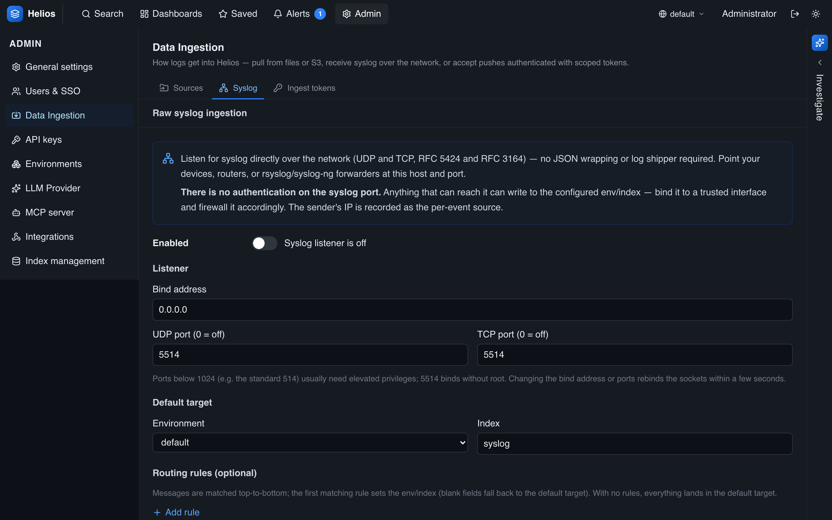 Admin → Data Ingestion → Syslog: enable toggle, listener ports, default target, and routing rules