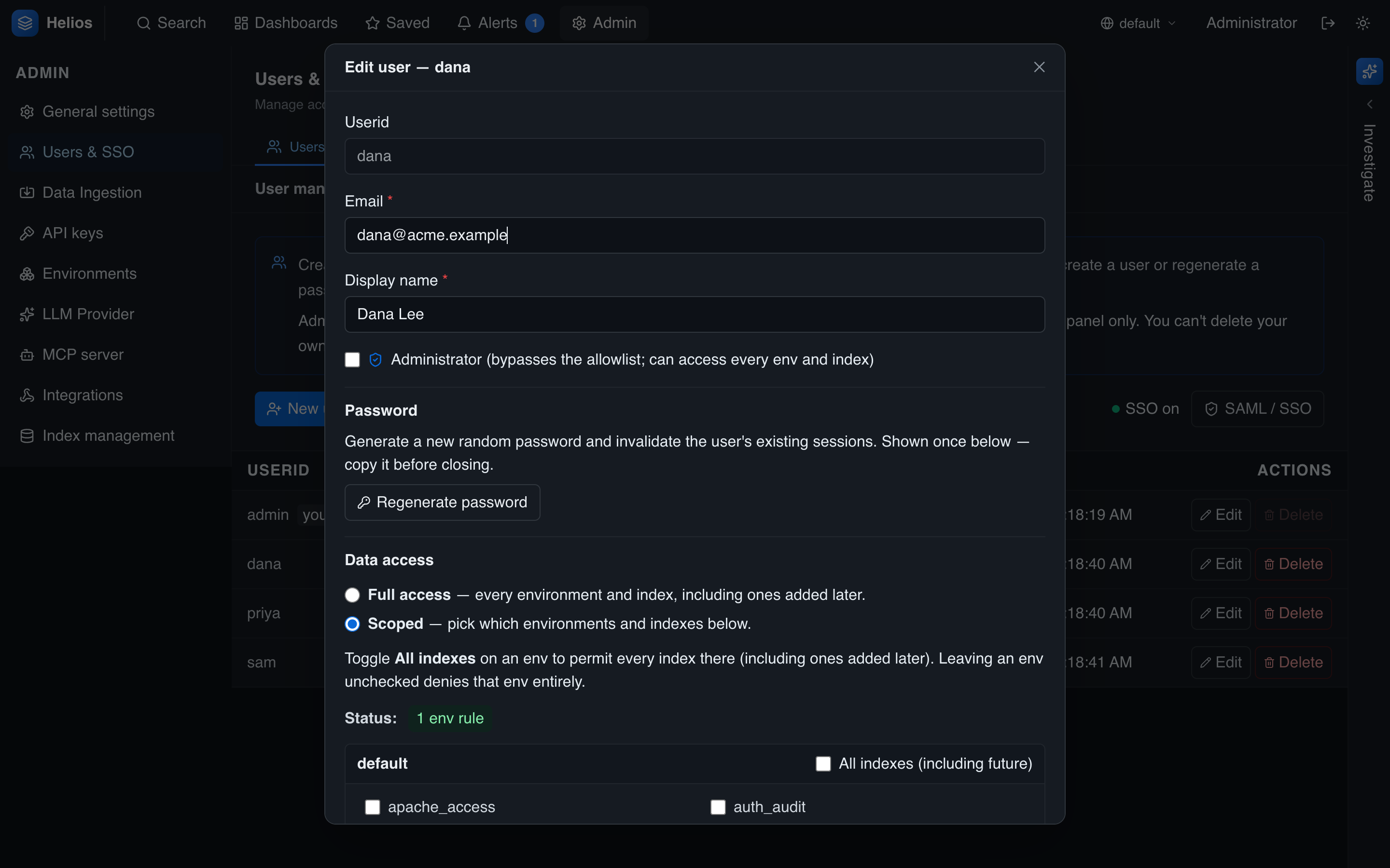 Editing a user's data access: Full access vs. Scoped, with per-env/index checkboxes