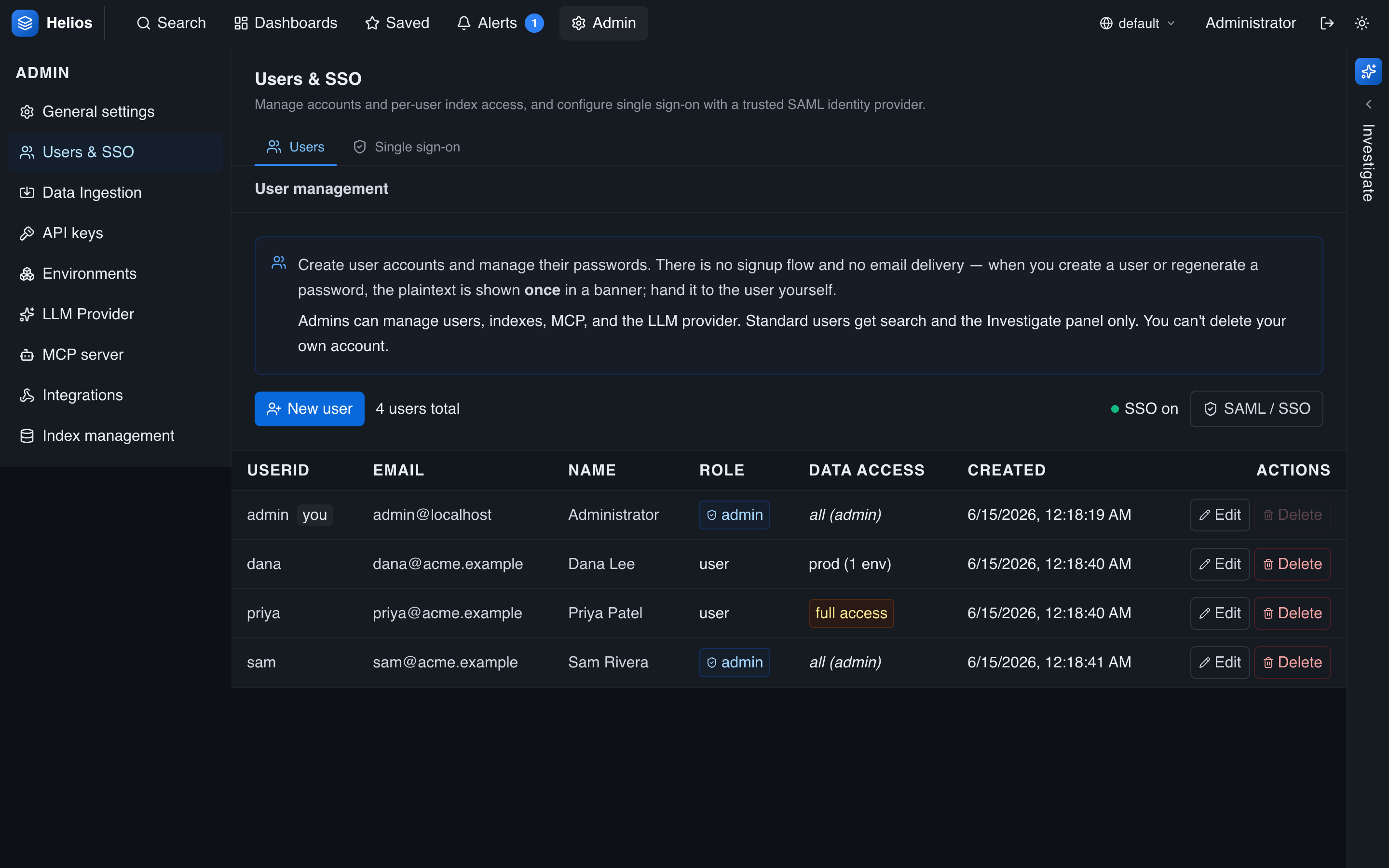 The Users panel: accounts with their role and data-access scope, plus the SSO status