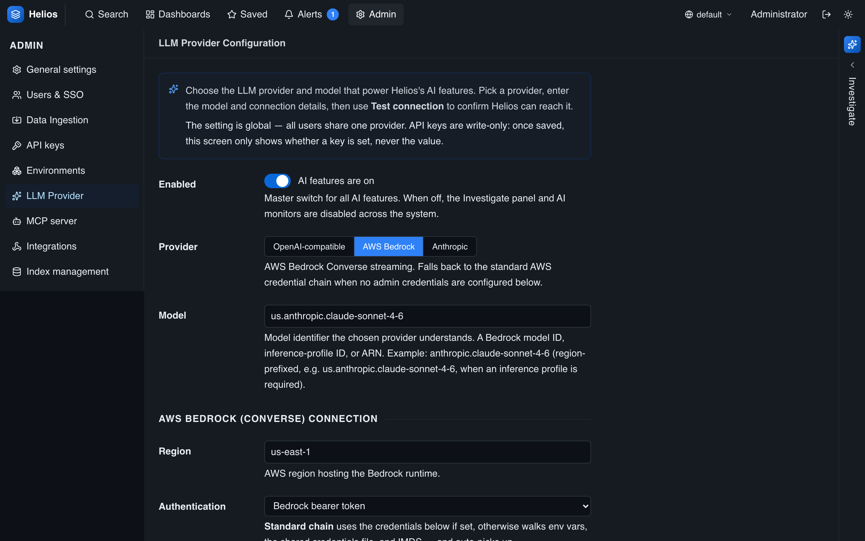 Admin → LLM Provider: choose a provider, enter credentials and model, and enable the agent