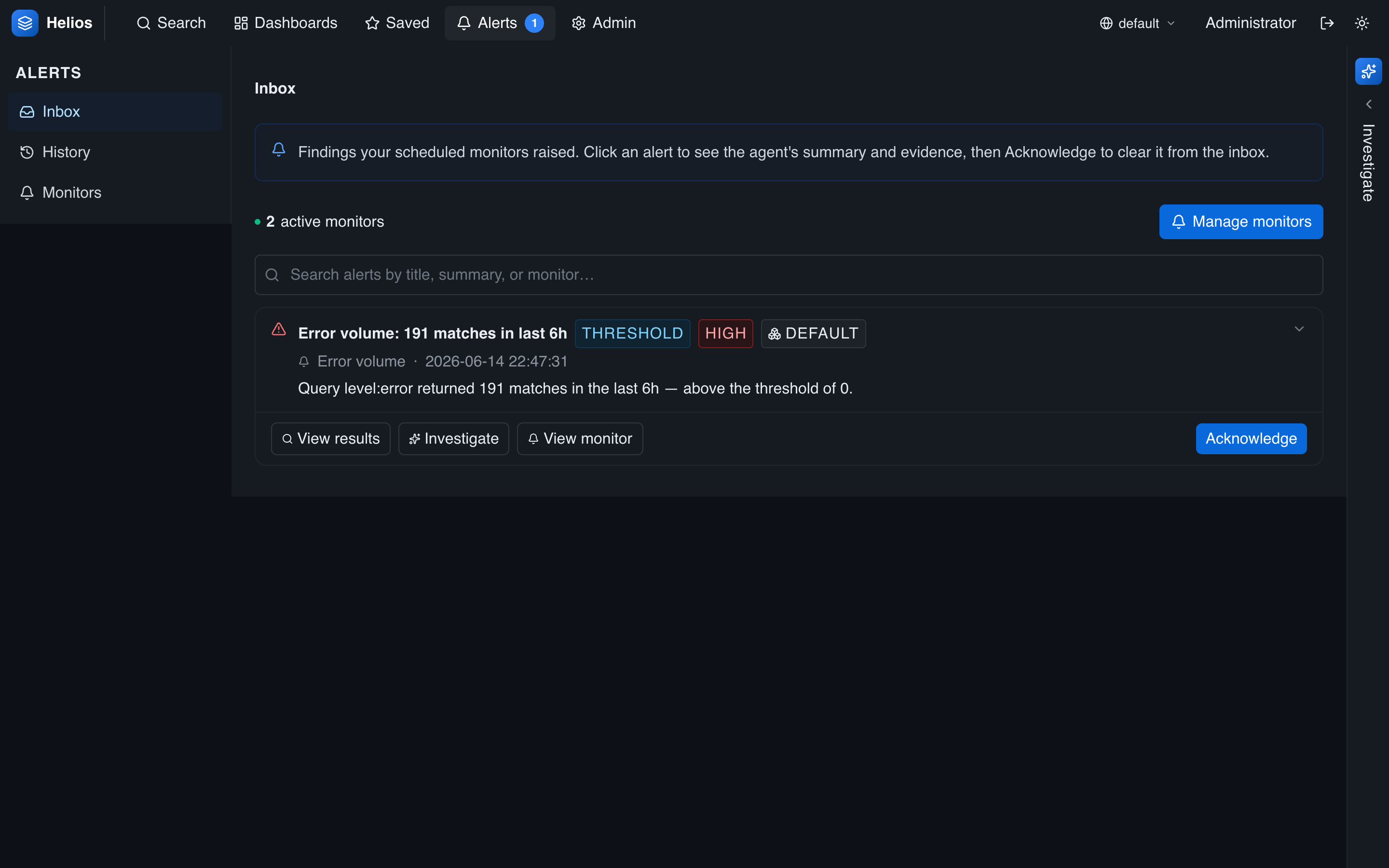 The alerts inbox with a fired alert, severity badges, and acknowledge / investigate actions