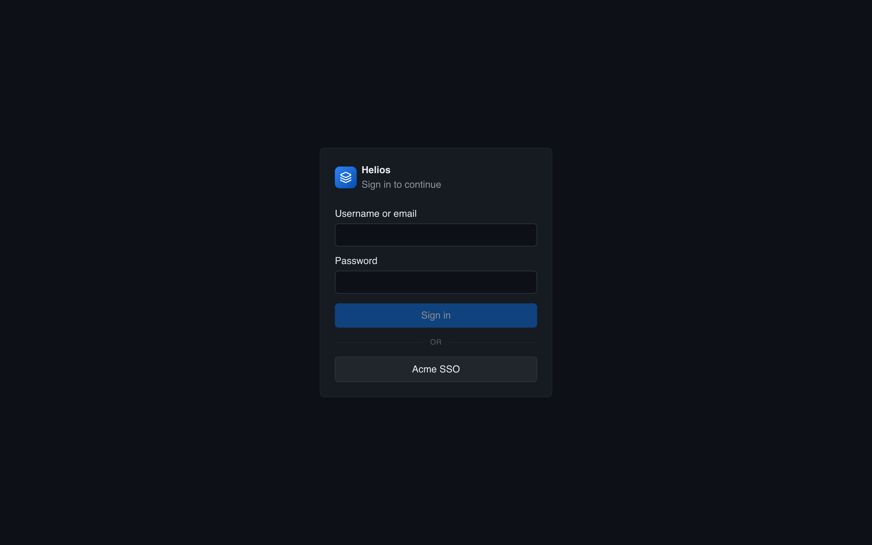 The HeliosLogs sign-in screen: username/password, plus an SSO button when SAML is enabled