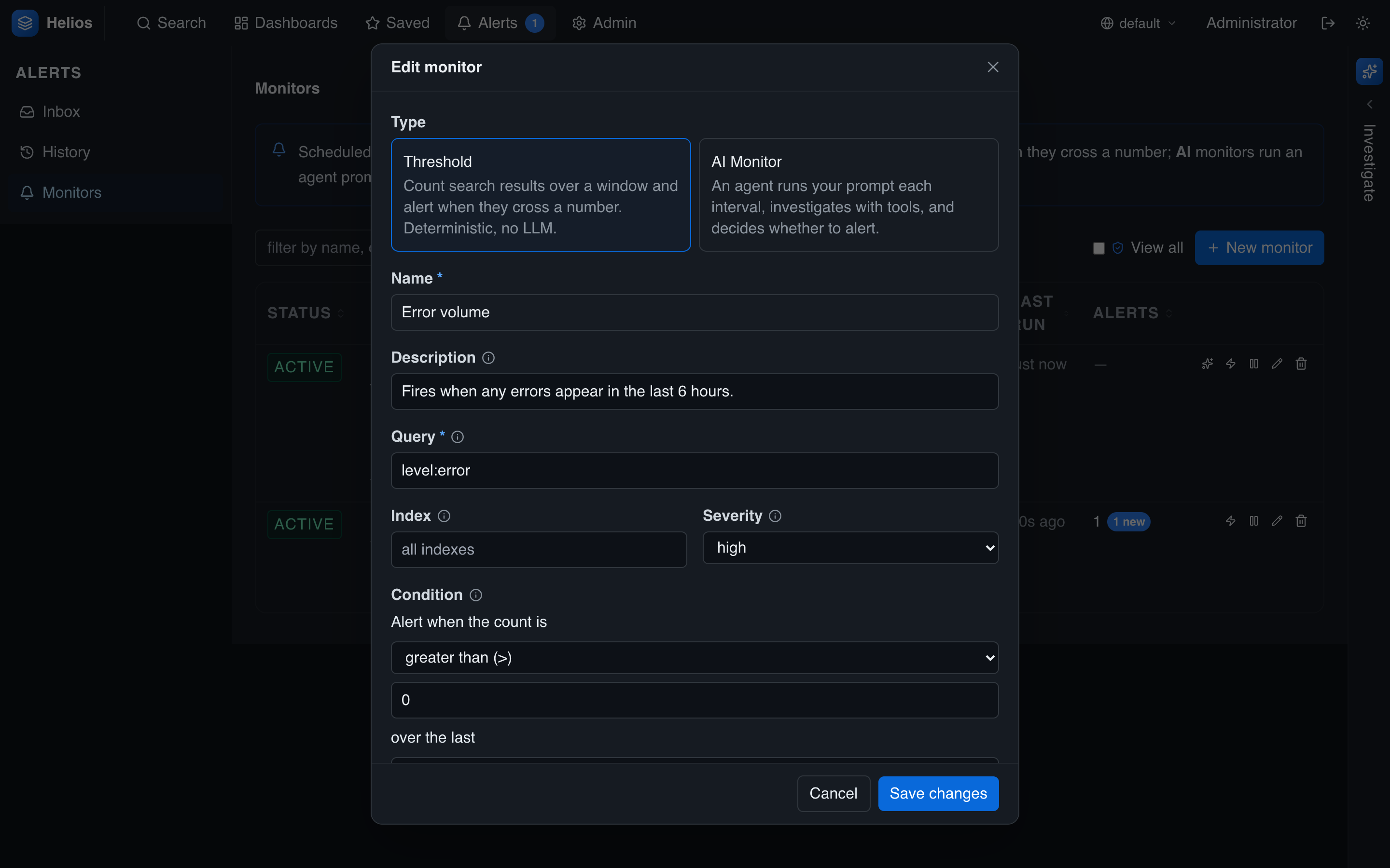 Editing a threshold monitor: query, index, severity, and the count comparison