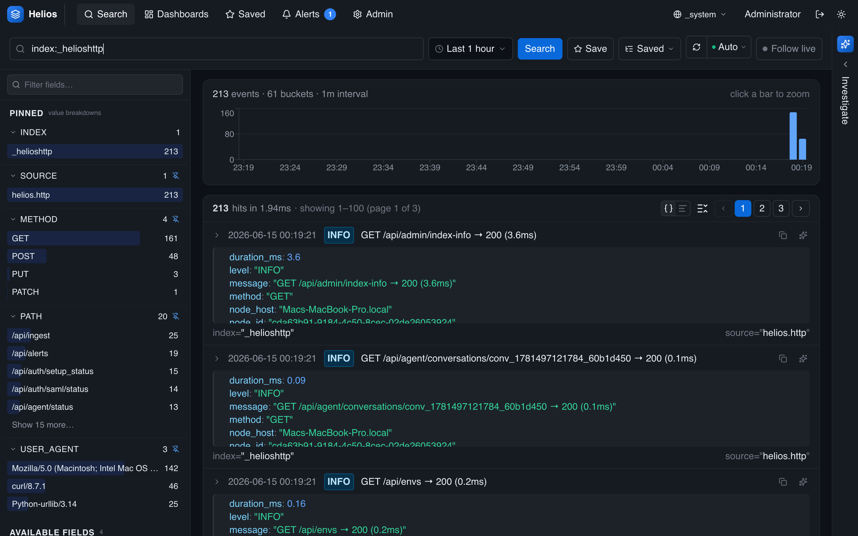 Searching the  self-log in the  env — HeliosLogs's own HTTP access logs in the normal search UI