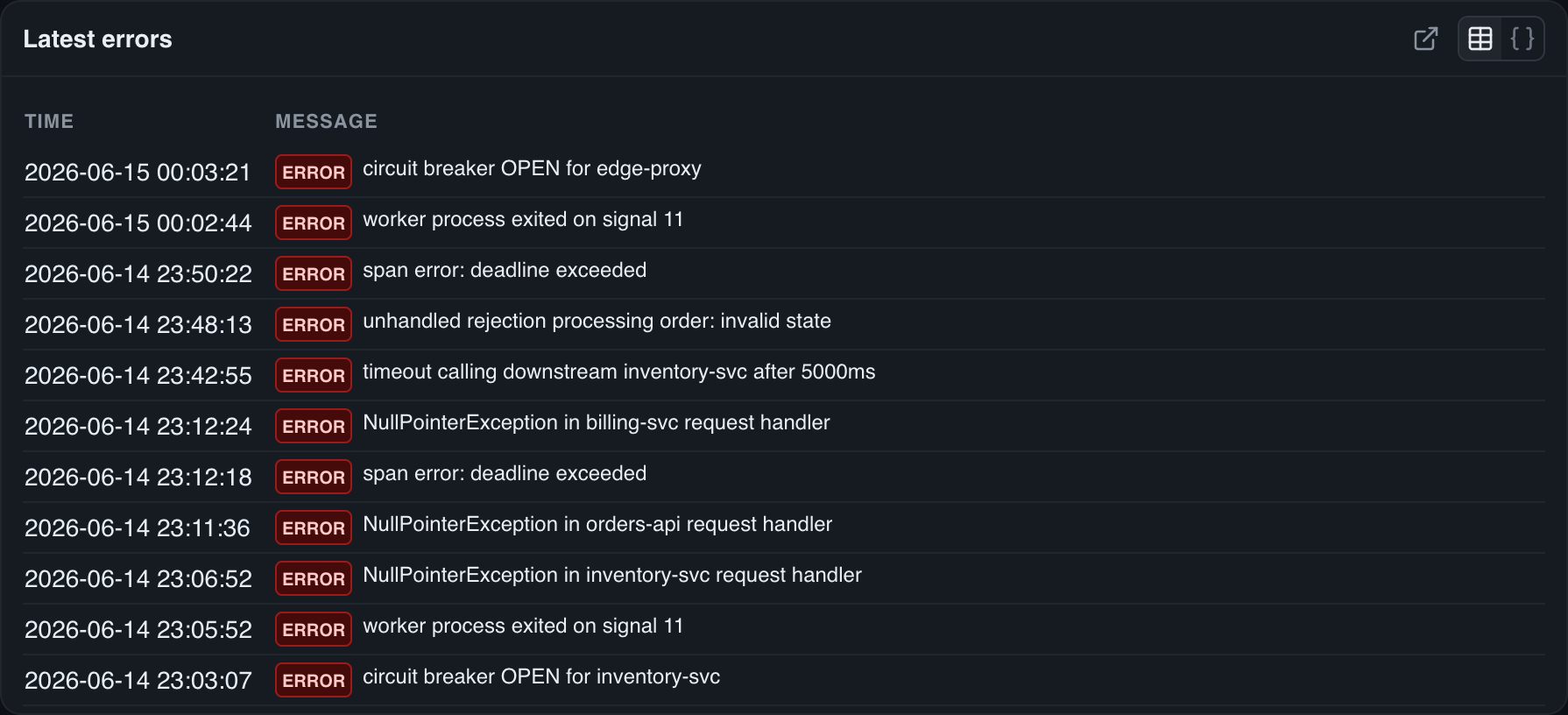 A search-results widget: a table of the latest matching events